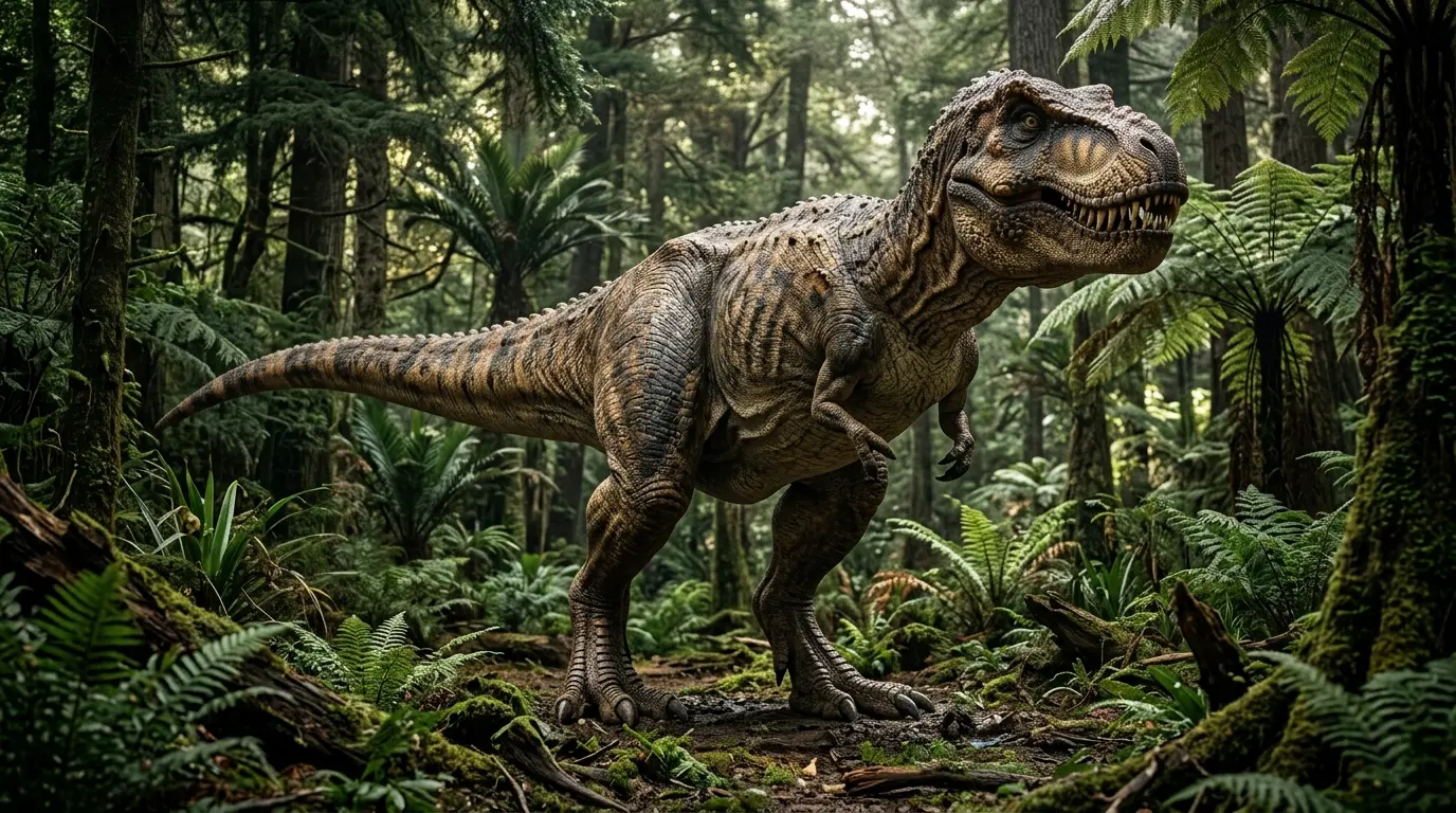 Ilustração widescreen do Tiranossauro Rex em floresta do Cretáceo Superior